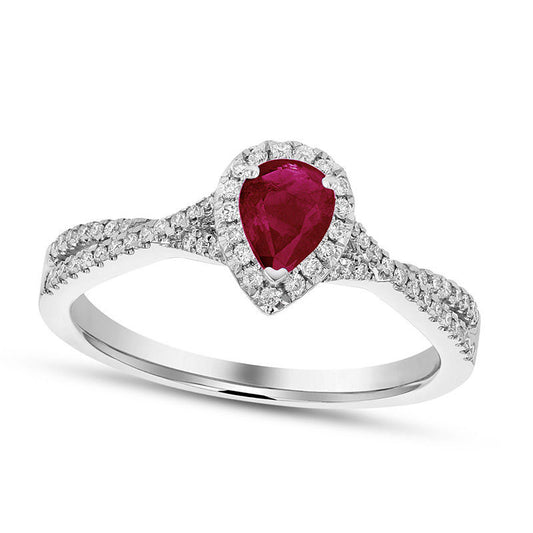 Pear-Shaped Ruby and 0.20 CT. T.W. Natural Diamond Frame Crossover Engagement Ring in Solid 18K White Gold