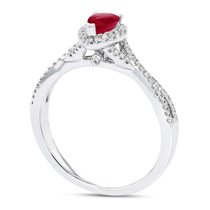 Pear-Shaped Ruby and 0.20 CT. T.W. Natural Diamond Frame Crossover Engagement Ring in Solid 18K White Gold