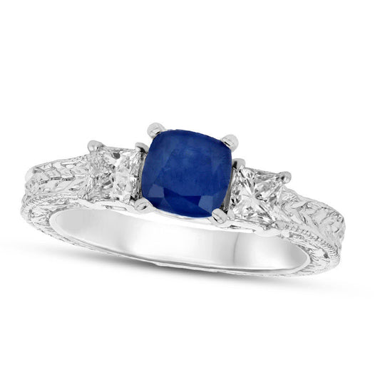 5.0mm Cushion-Cut Blue Sapphire and 0.38 CT. T.W. Princess-Cut Natural Diamond Three Stone Engagement Ring in Solid 14K White Gold