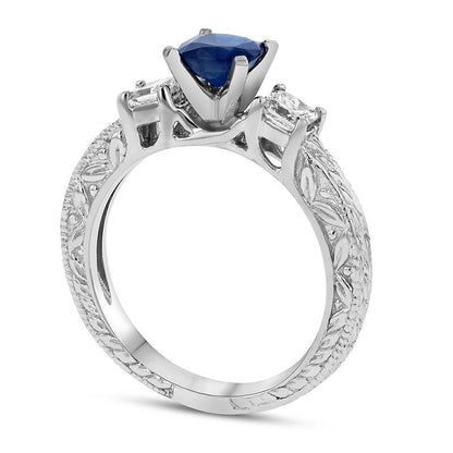 5.0mm Cushion-Cut Blue Sapphire and 0.38 CT. T.W. Princess-Cut Natural Diamond Three Stone Engagement Ring in Solid 14K White Gold