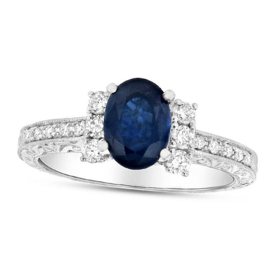 Oval Blue Sapphire and 0.33 CT. T.W. Natural Diamond Trio Collar Antique Vintage-Style Engagement Ring in Solid 14K White Gold