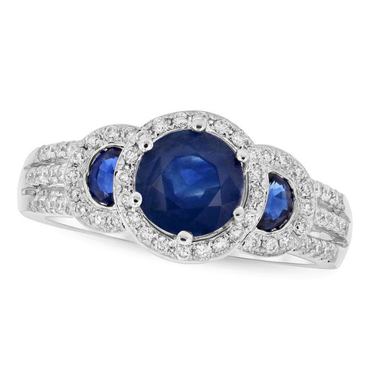 5.5mm Blue Sapphire and 0.33 CT. T.W. Natural Diamond Frame Three Stone Triple Row Engagement Ring in Solid 14K White Gold