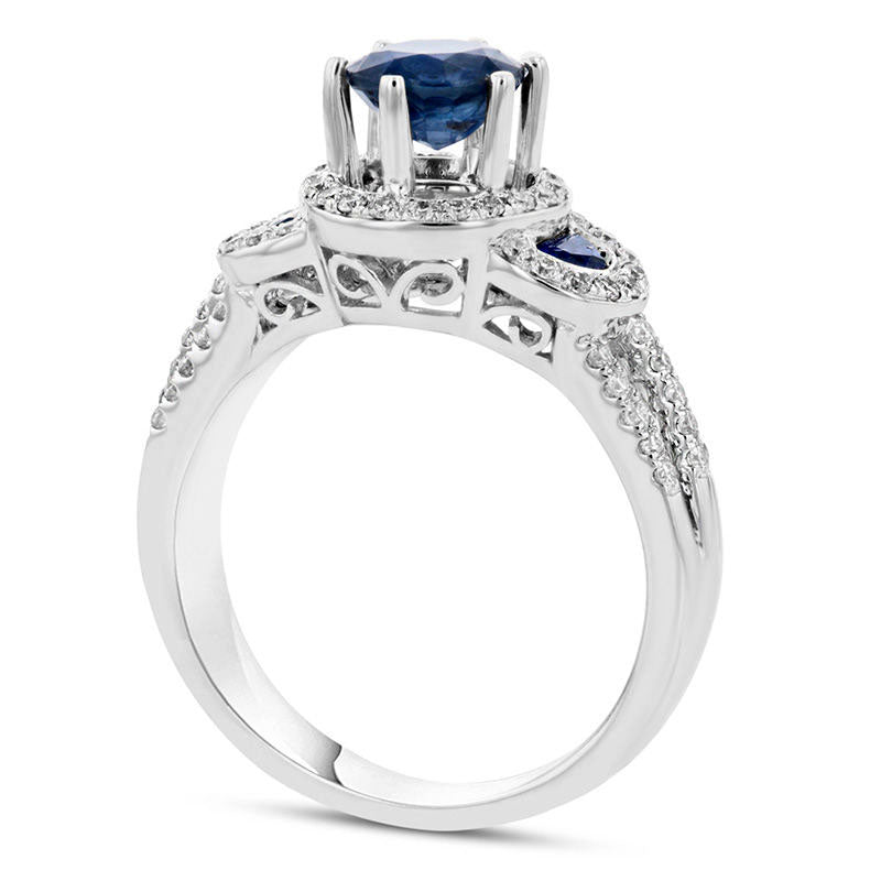 5.5mm Blue Sapphire and 0.33 CT. T.W. Natural Diamond Frame Three Stone Triple Row Engagement Ring in Solid 14K White Gold