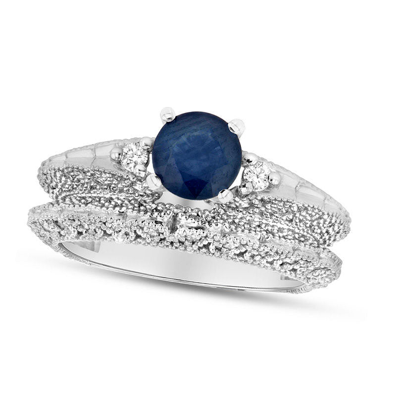 6.0mm Blue Sapphire and 0.33 CT. T.W. Natural Diamond Paisley Antique Vintage-Style Bridal Engagement Ring Set in Solid 14K White Gold
