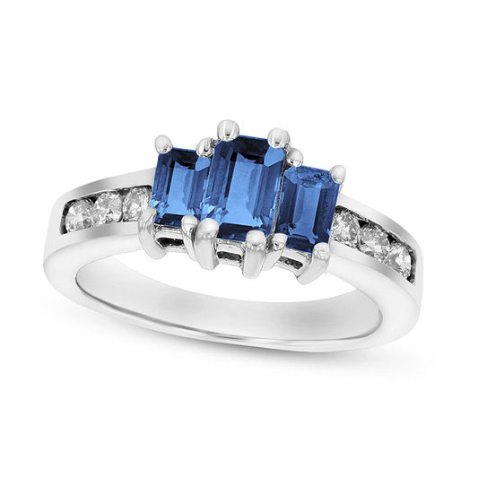 Emerald-Cut Blue Sapphire and 0.33 CT. T.W. Natural Diamond Channel Three Stone Engagement Ring in Solid 14K White Gold