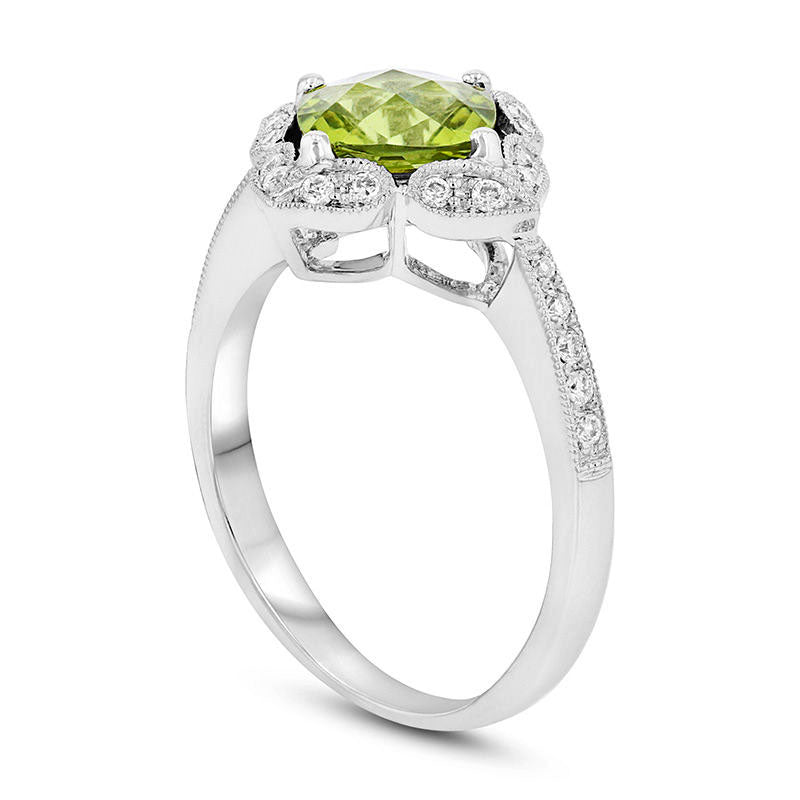 7.0mm Cushion-Cut Peridot and 0.20 CT. T.W. Natural Diamond Ornate Frame Antique Vintage-Style Engagement Ring in Solid 14K White Gold