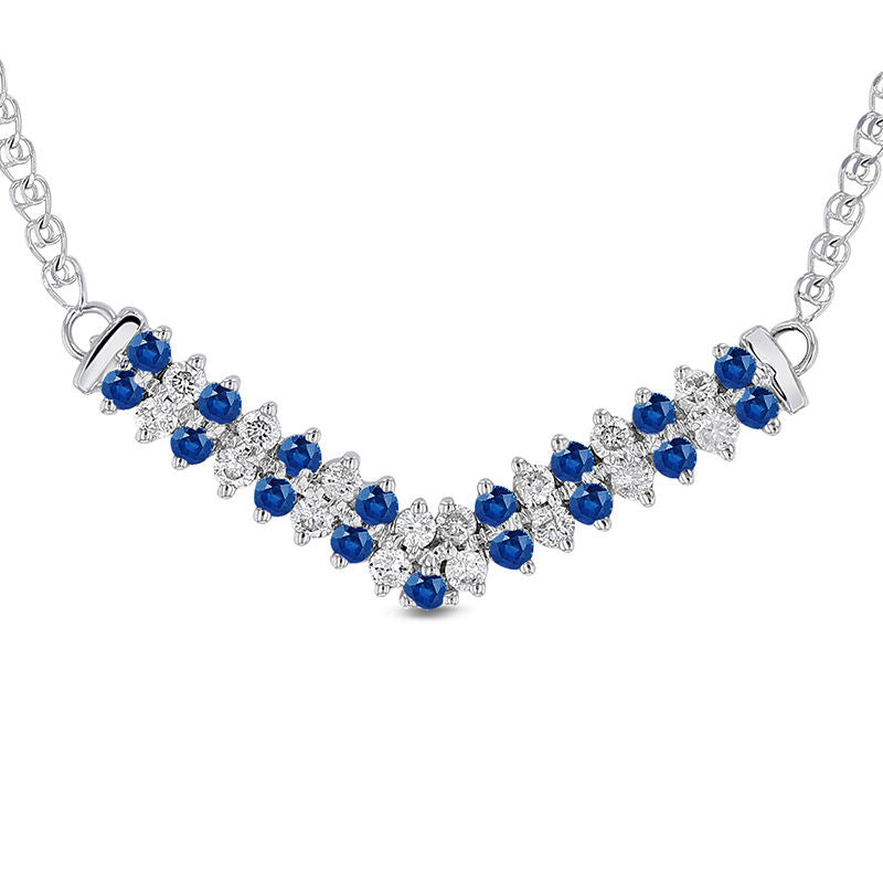 Alternating Blue Sapphire and 0.33 CT. T.W. Natural Diamond Double Row Chevron Necklace in 14K White Gold - 17.25"
