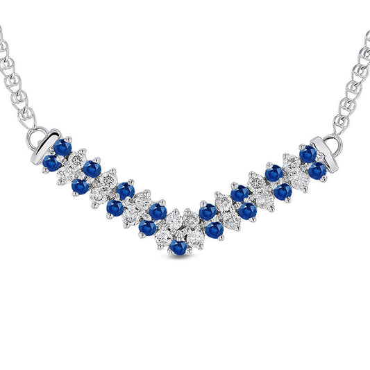 Alternating Blue Sapphire and 0.33 CT. T.W. Natural Diamond Double Row Chevron Necklace in 14K White Gold - 17.25"