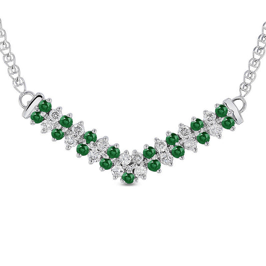 Alternating Emerald and 0.33 CT. T.W. Natural Diamond Double Row Chevron Necklace in 14K White Gold - 17.25"