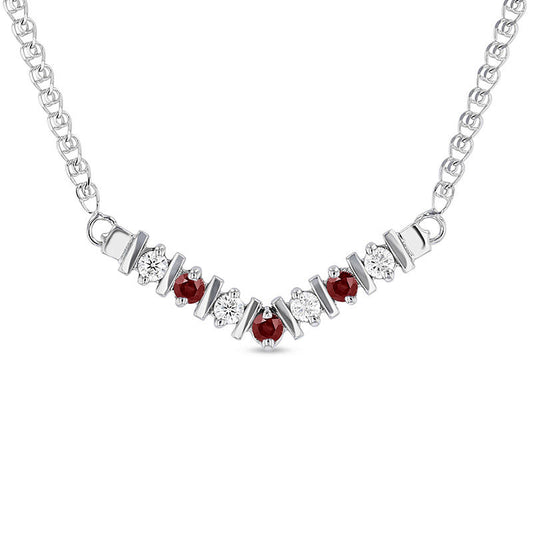 Ruby and 0.13 CT. T.W. Natural Diamond "V" Necklace in 14K White Gold - 17"