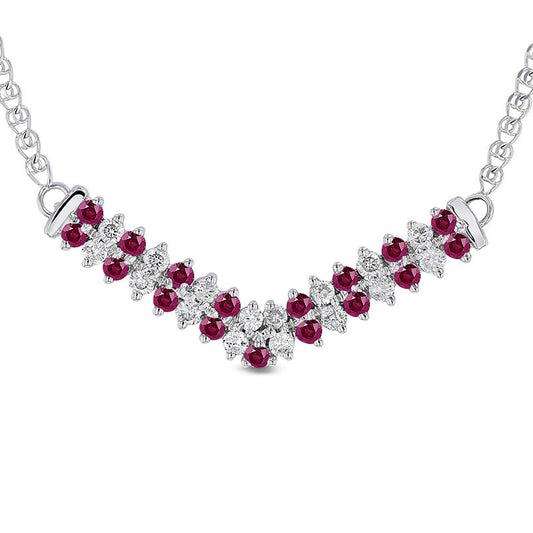 Alternating Ruby and 0.33 CT. T.W. Natural Diamond Double Row Chevron Necklace in 14K White Gold - 17.25"