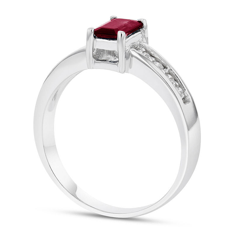 Emerald-Cut Ruby and 0.17 CT. T.W. Natural Diamond Engagement Ring in Solid 14K White Gold