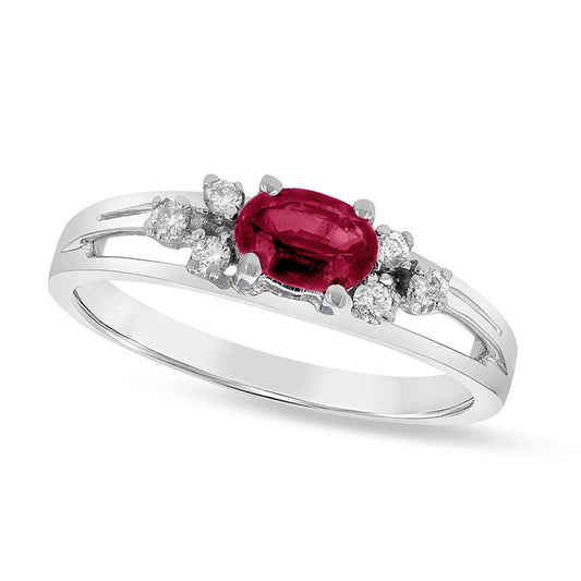 Sideways Oval Ruby and 0.10 CT. T.W. Natural Diamond Tri-Sides Split Shank Ring in Solid 14K White Gold