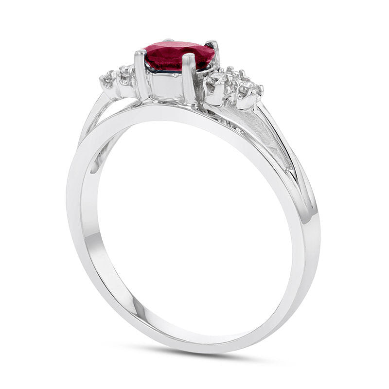 Sideways Oval Ruby and 0.10 CT. T.W. Natural Diamond Tri-Sides Split Shank Ring in Solid 14K White Gold