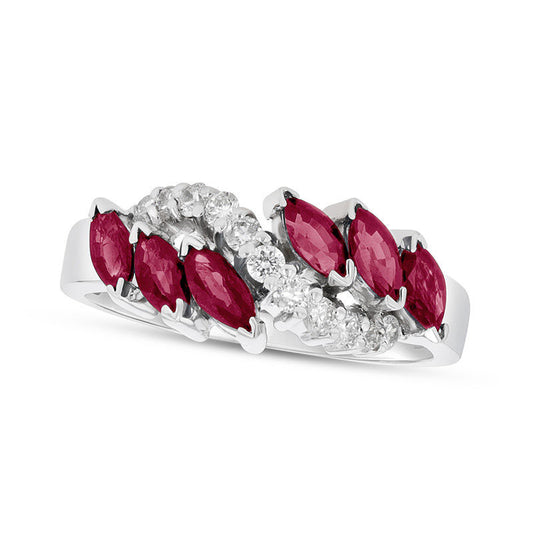 Marquise Ruby and 0.25 CT. T.W. Natural Diamond Slant Ring in Solid 14K White Gold