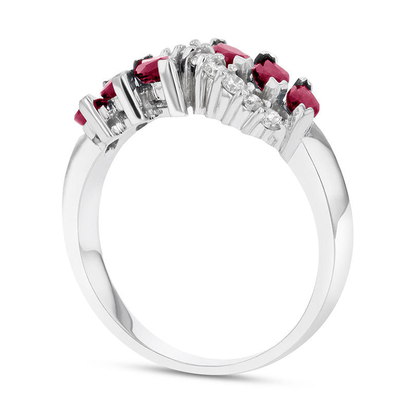 Marquise Ruby and 0.25 CT. T.W. Natural Diamond Slant Ring in Solid 14K White Gold