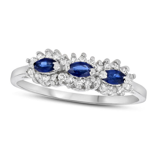 Sideways Marquise Blue Sapphire and 0.20 CT. T.W. Natural Diamond Frame Three Stone Ring in Solid 14K White Gold
