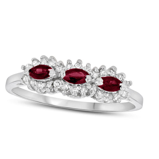 Sideways Marquise Ruby and 0.20 CT. T.W. Natural Diamond Frame Three Stone Ring in Solid 14K White Gold