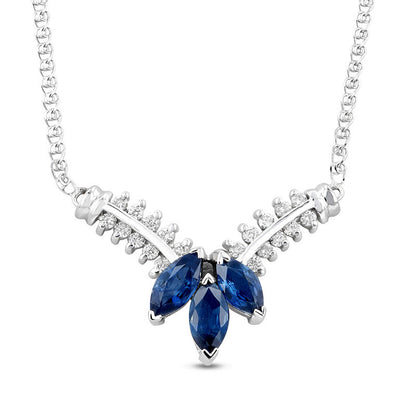 Marquise Blue Sapphire and 0.25 CT. T.W. Natural Diamond Three Stone Floral "V" Necklace in 14K White Gold - 17.25"