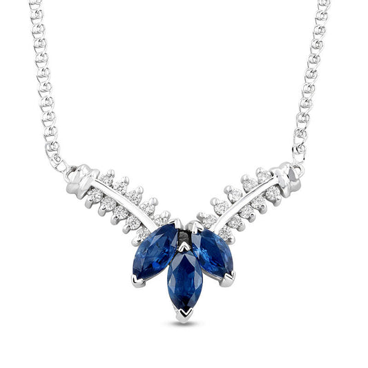 Marquise Blue Sapphire and 0.25 CT. T.W. Natural Diamond Three Stone Floral "V" Necklace in 14K White Gold - 17.25"