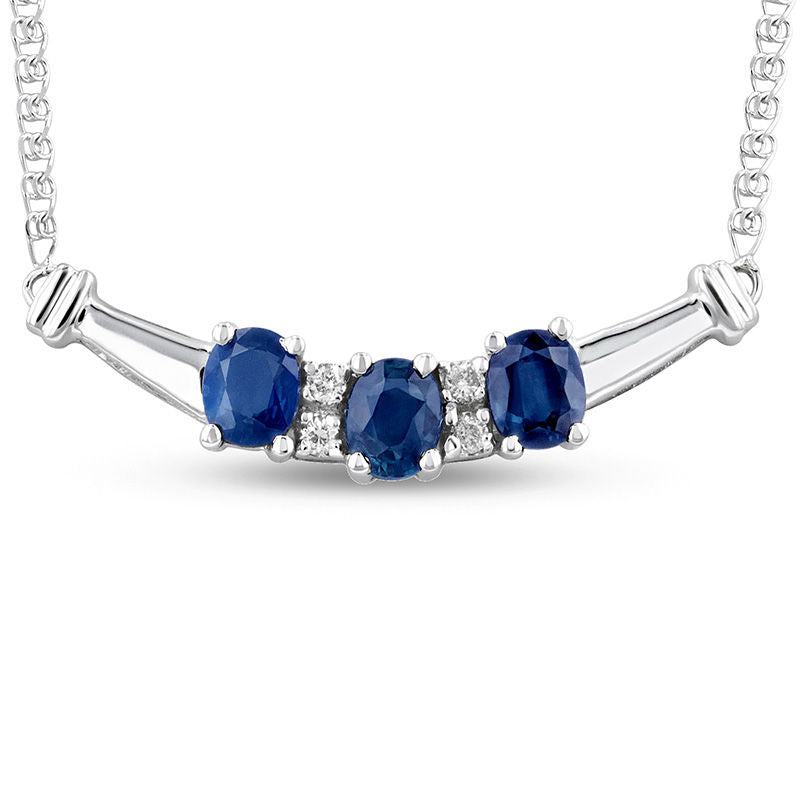 Oval Blue Sapphire and 0.07 CT. T.W. Natural Diamond Three Stone Curved Bar Necklace in 14K White Gold - 17.25"