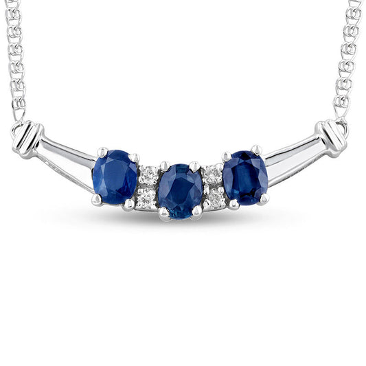 Oval Blue Sapphire and 0.07 CT. T.W. Natural Diamond Three Stone Curved Bar Necklace in 14K White Gold - 17.25"