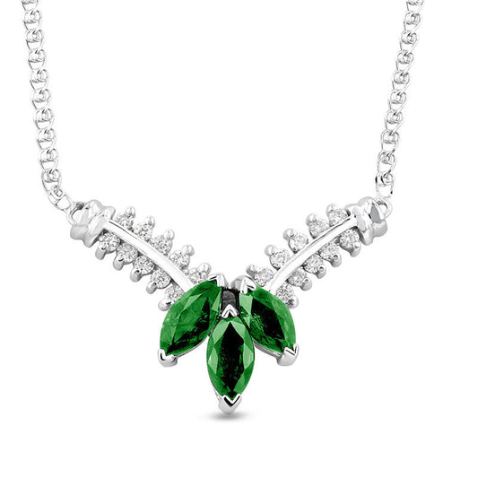 Marquise Emerald and 0.25 CT. T.W. Natural Diamond Three Stone Floral "V" Necklace in 14K White Gold - 17.25"