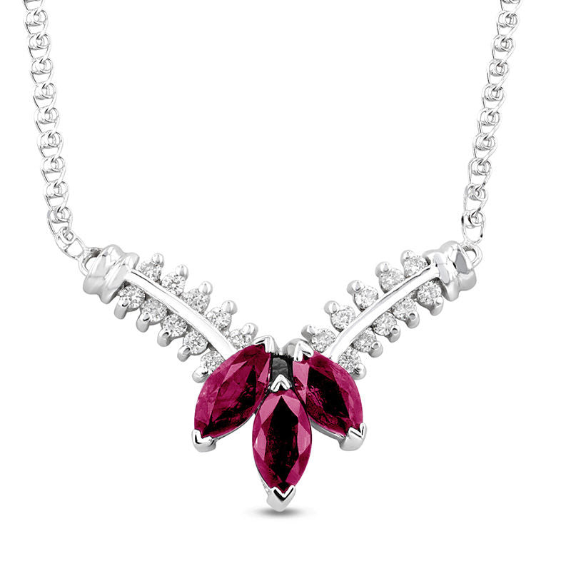 Marquise Ruby and 0.25 CT. T.W. Natural Diamond Three Stone Floral "V" Necklace in 14K White Gold - 17.25"