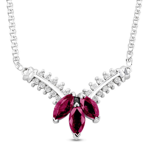 Marquise Ruby and 0.25 CT. T.W. Natural Diamond Three Stone Floral "V" Necklace in 14K White Gold - 17.25"