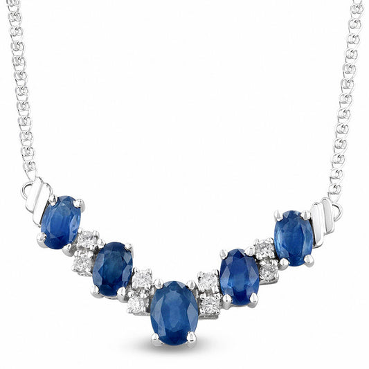 Alternating Oval Blue Sapphire and 0.2 CT. T.W. Natural Diamond Chevron Necklace in 14K White Gold - 17.33"