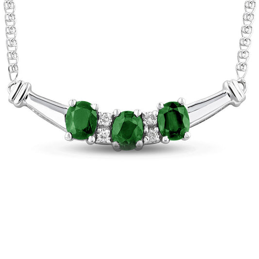 Oval Emerald and 0.07 CT. T.W. Natural Diamond Three Stone Curved Bar Necklace in 14K White Gold - 17.25"