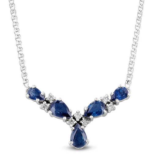Pear-Shaped Blue Sapphire and 0.13 CT. T.W. Natural Diamond Five Stone "V" Necklace in 14K White Gold - 17.125"