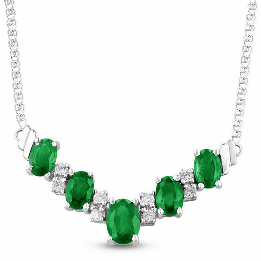 Alternating Oval Emerald and 0.2 CT. T.W. Natural Diamond Chevron Necklace in 14K White Gold - 17.33"