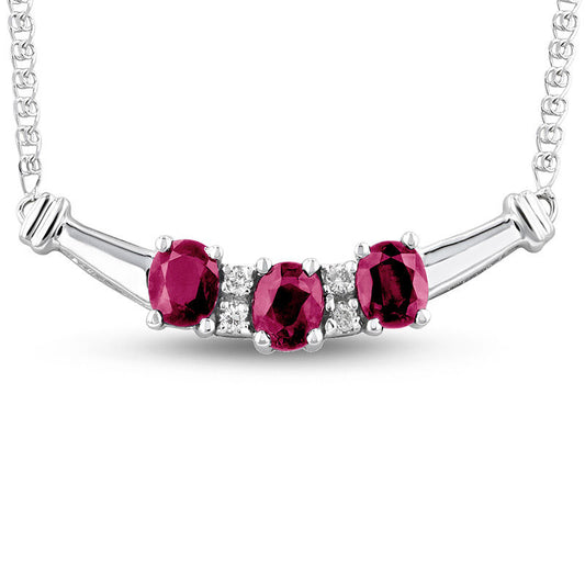 Oval Ruby and 0.07 CT. T.W. Natural Diamond Three Stone Curved Bar Necklace in 14K White Gold - 17.25"