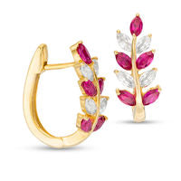 Marquise Lab-Created Ruby and White Sapphire Leaf Branch Hoop Earrings in Sterling Silver with 14K Gold Plate
