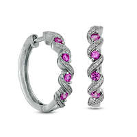 Lab-Created Pink Sapphire and 0.13 CT. T.W. Diamond Cascading Hoop Earrings in Sterling Silver