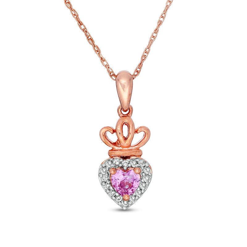 Lab-Created Pink and White Sapphire Frame Heart with Crown Pendant in 10K Rose Gold