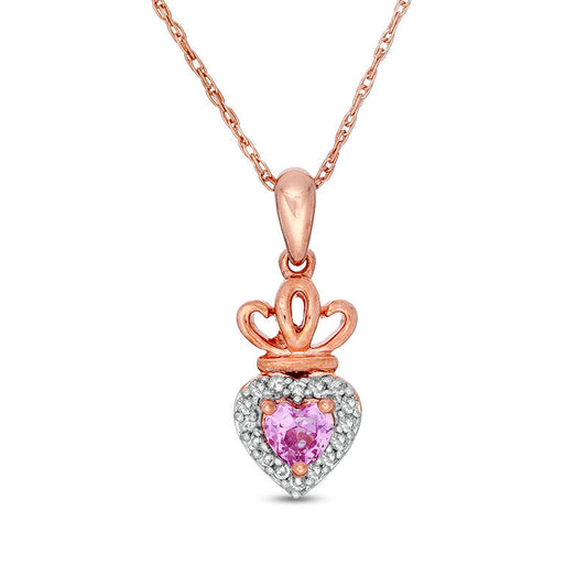 Lab-Created Pink and White Sapphire Frame Heart with Crown Pendant in 10K Rose Gold