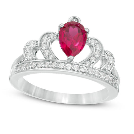 Pear-Shaped Lab-Created Ruby and White Sapphire Crown Ring in Sterling Silver