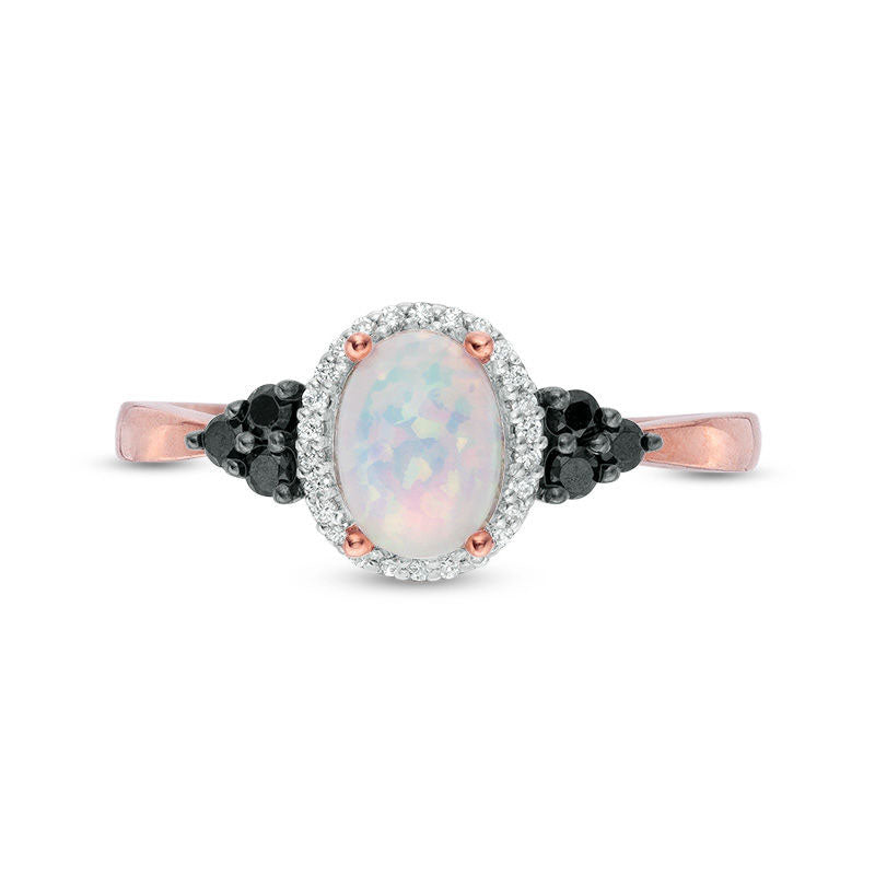 Oval Lab-Created Opal and 0.17 CT. T.W. Enhanced Black and White Diamond Frame Tri-Sides Ring in Solid 10K Rose Gold