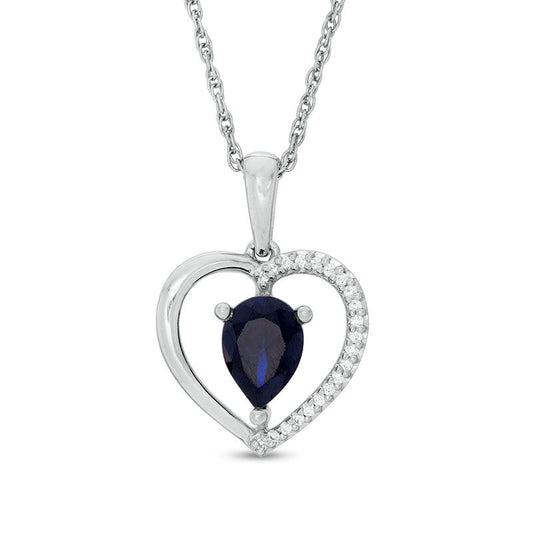 Pear-Shaped Lab-Created Blue Sapphire and 0.05 CT. T.W. Diamond Heart Pendant in Sterling Silver