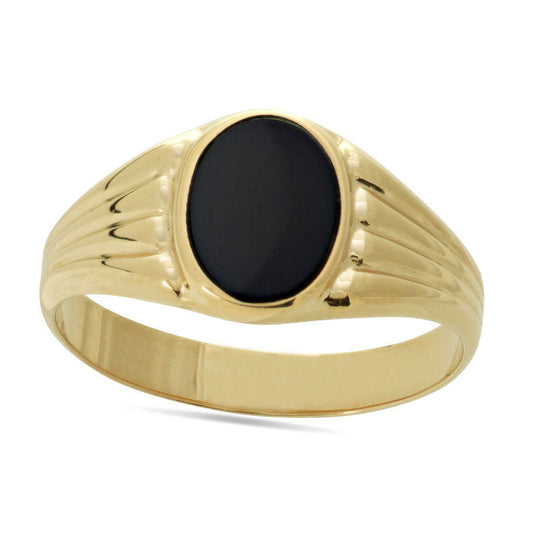 Oval Onyx Ribbed Shank Signet Ring in Solid 14K Gold - Size 7