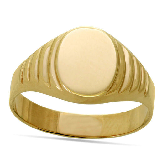 Etched Pattern Ribbed Shank Oval-Shaped Signet Ring in Solid 14K Gold - Size 7
