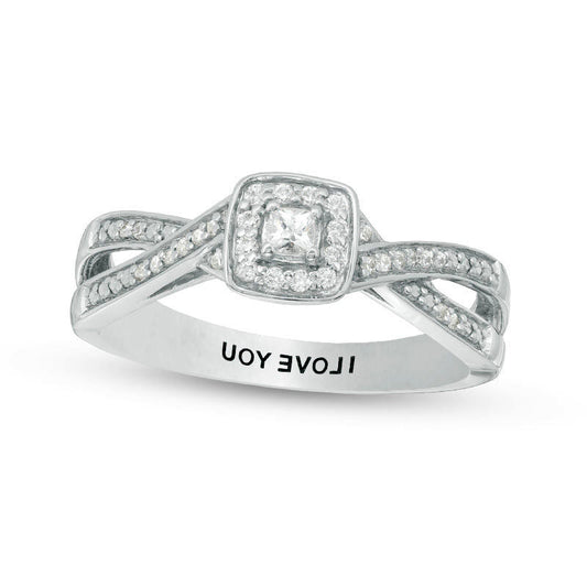 Engravable 0.13 CT. T.W. Princess-Cut Natural Diamond Criss-Cross Split Shank Promise Ring in Sterling Silver (1 Line)