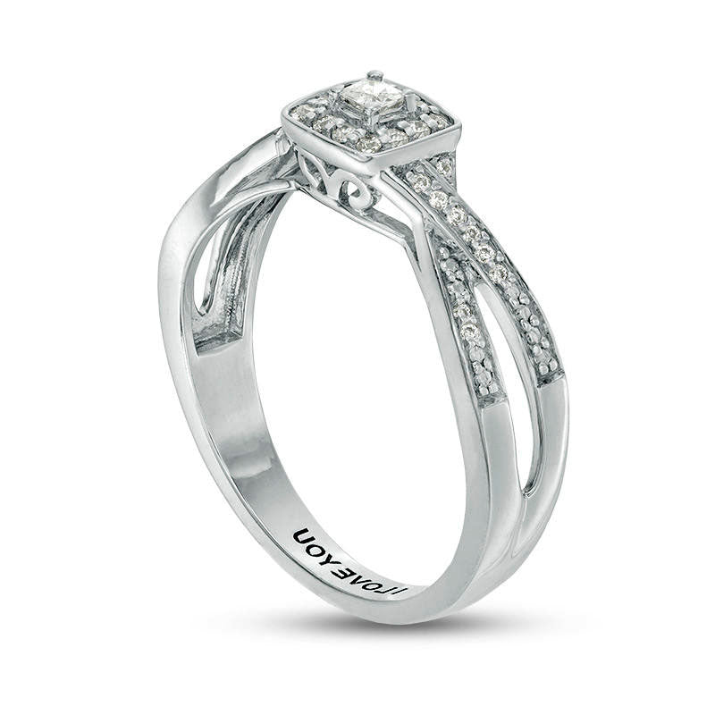 Engravable 0.13 CT. T.W. Princess-Cut Natural Diamond Criss-Cross Split Shank Promise Ring in Sterling Silver (1 Line)