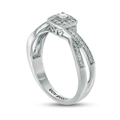 Engravable 0.13 CT. T.W. Princess-Cut Natural Diamond Criss-Cross Split Shank Promise Ring in Sterling Silver (1 Line)