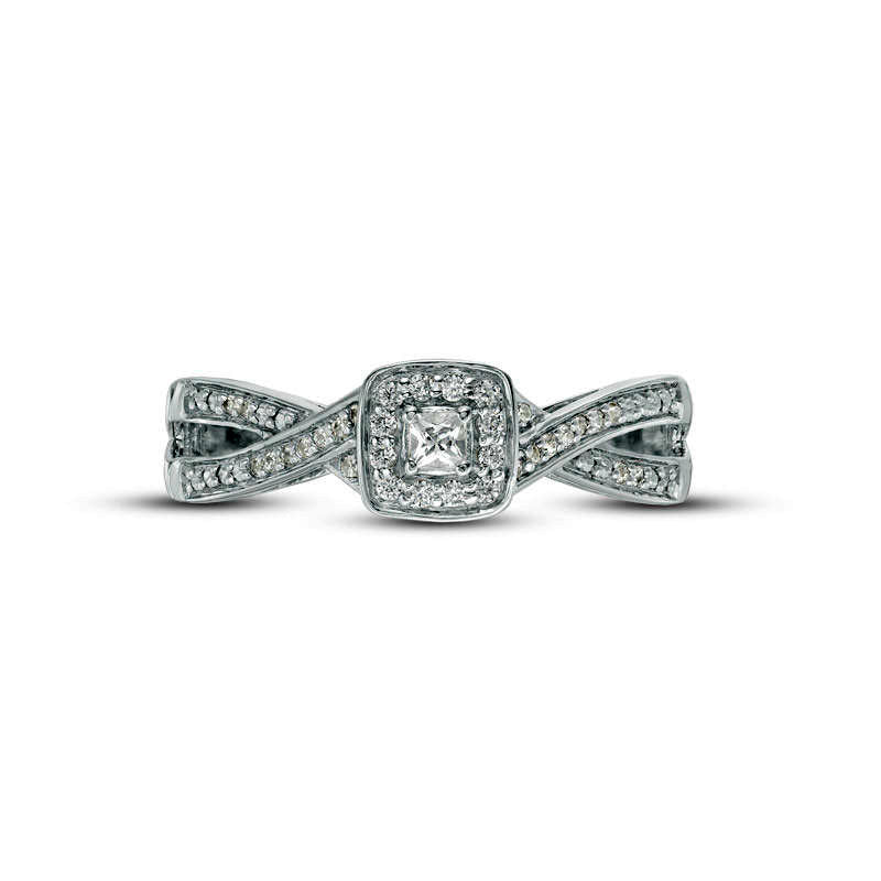 Engravable 0.13 CT. T.W. Princess-Cut Natural Diamond Criss-Cross Split Shank Promise Ring in Sterling Silver (1 Line)