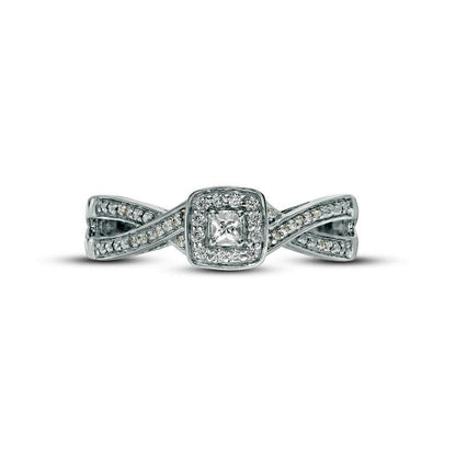 Engravable 0.13 CT. T.W. Princess-Cut Natural Diamond Criss-Cross Split Shank Promise Ring in Sterling Silver (1 Line)
