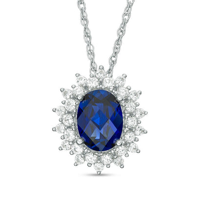 Oval Lab-Created Blue and White Sapphire Sunburst Frame Pendant in Sterling Silver