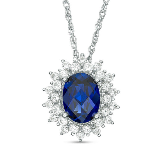Oval Lab-Created Blue and White Sapphire Sunburst Frame Pendant in Sterling Silver
